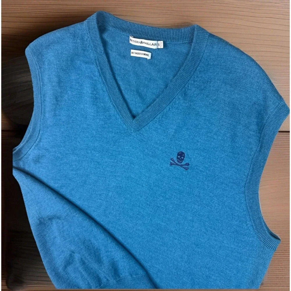 Peter Millar Golf Sweater Vest Mens‎ M Teal Merino Wool Skull Crossbones V-Neck